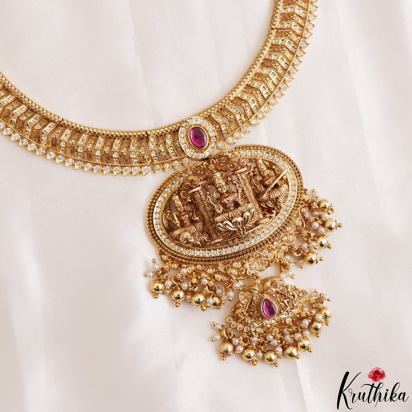 Gorgeous Antique Nagas Lakshmi Motifs Temple Haaram With Pearl Bead Drops LH2206 (Available In 2 Colors)