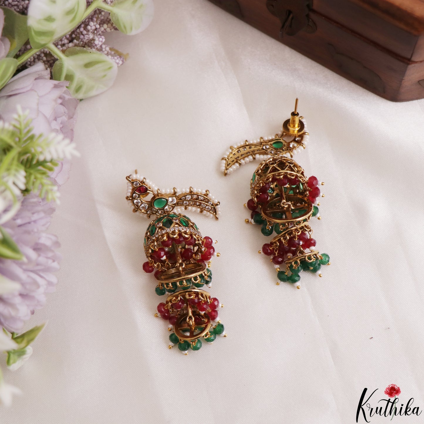 Stunning Pearl Border Peacock Motifs Jhumkas With Pearl Bead Drops E1221 (Available In 2 Colors)