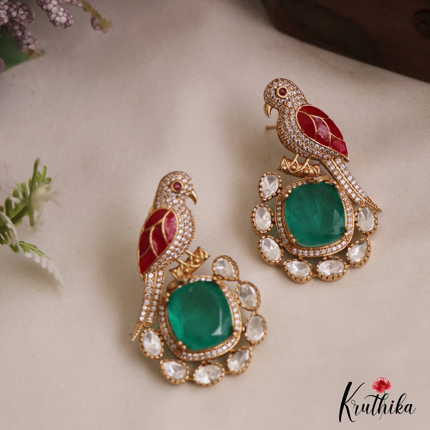 Gorgeous Parrot Motif Polki Victorian Stud Earrings E1099 (Available In 5 Colors)
