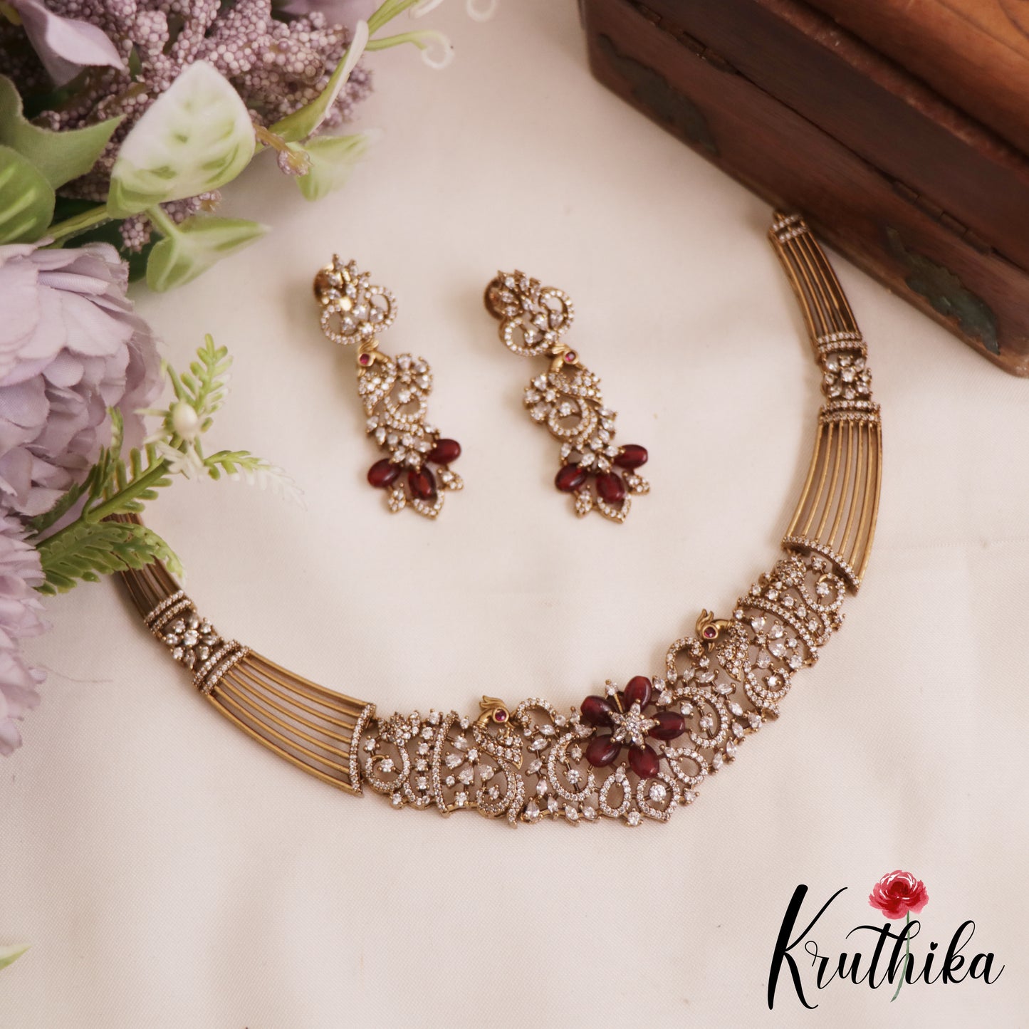 Sparkling AD Floral Peacock Motifs Victorian Hasli Choker NC2818 (Available In 2 Colors)
