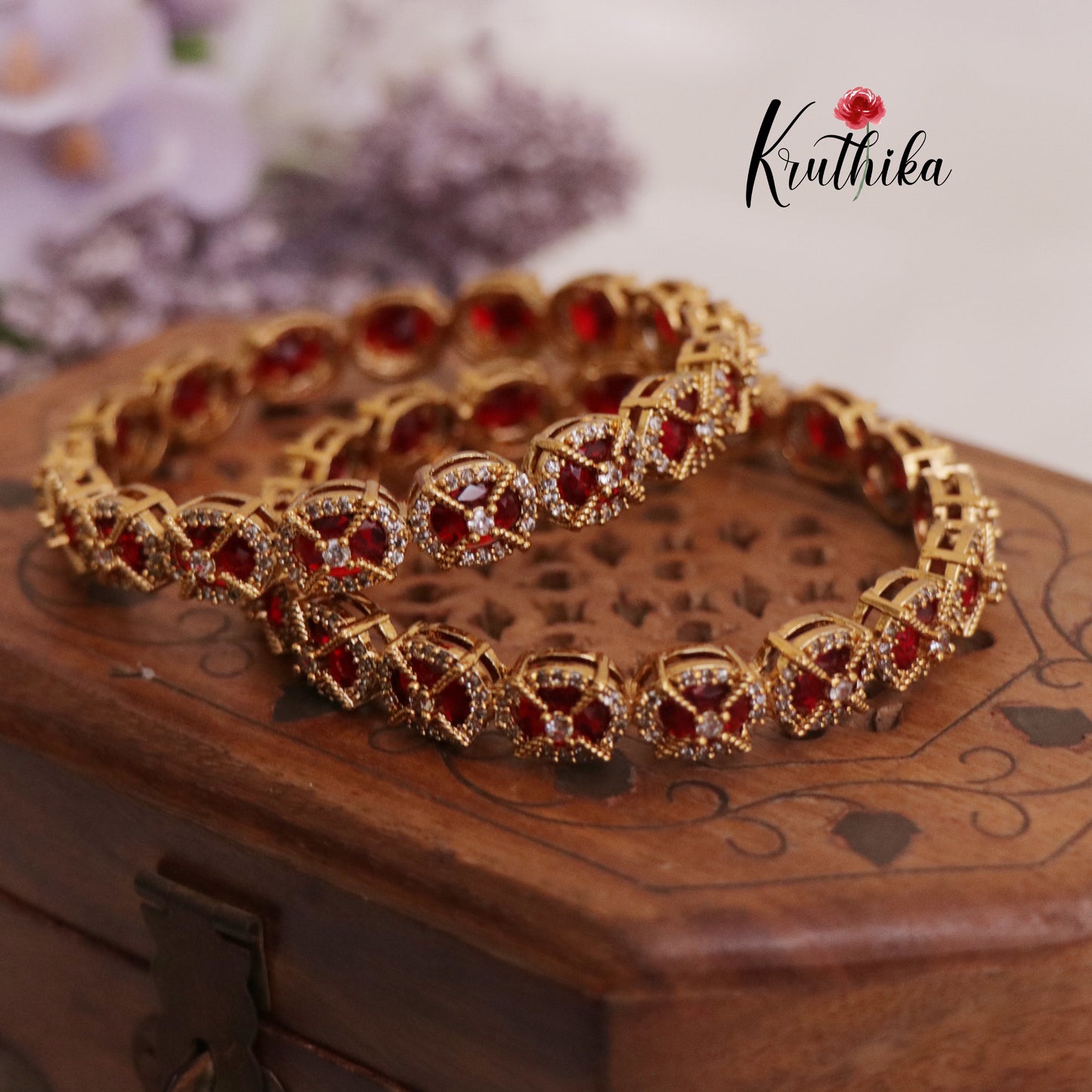 Simple Trendy CZ Victorian Floral Bangles B272 (Set of 2 Bangles)|(Available in 2 Colors)