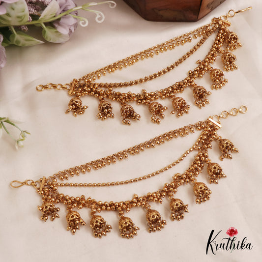 Beautiful Triple Layered Earchains With Jhumkas And Golden Beads EC157