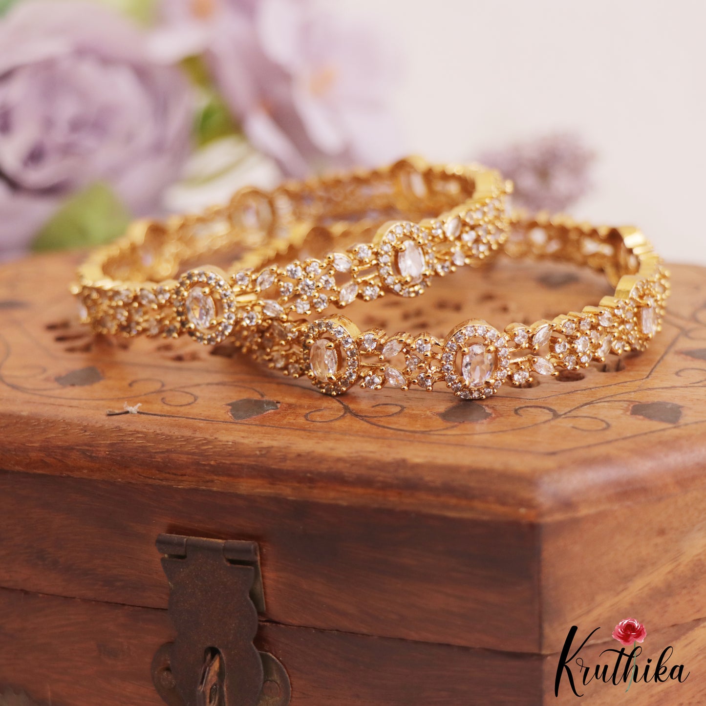 Sparkling Leaf Motifs AD Bangles B483 (Set of 2) (Available In 3 Colors)