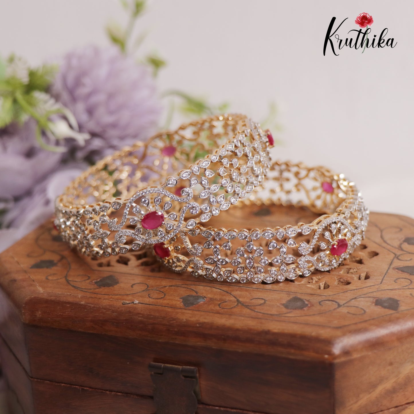 Elegant AD Gold Finish Floral Bangles B335 (Set Of 2 Bangles)
