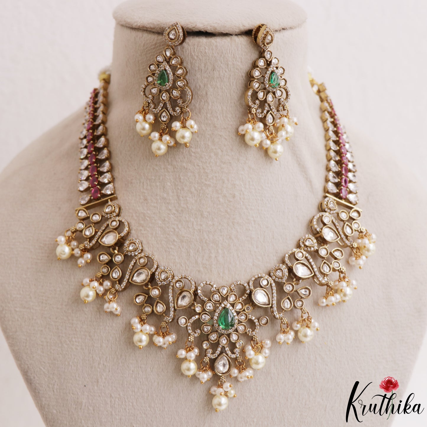 Elegant Teardrop Motifs Polki CZ Victorian Necklace With Pearl Drops NC3161