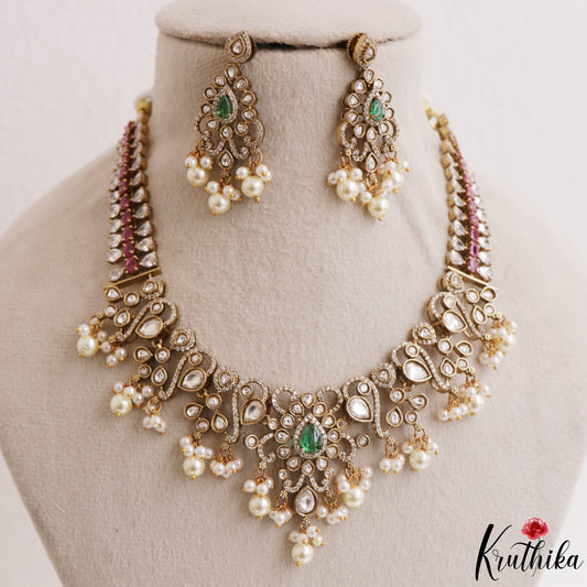 Elegant Teardrop Motifs Polki CZ Victorian Necklace With Pearl Drops NC3161