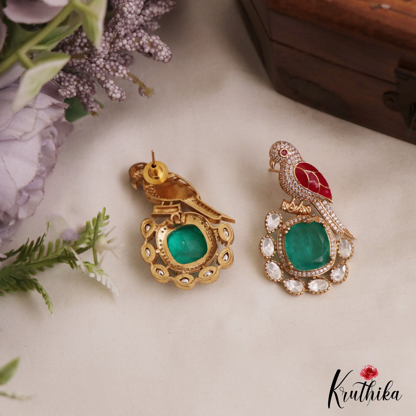 Gorgeous Parrot Motif Polki Victorian Stud Earrings E1099 (Available In 5 Colors)