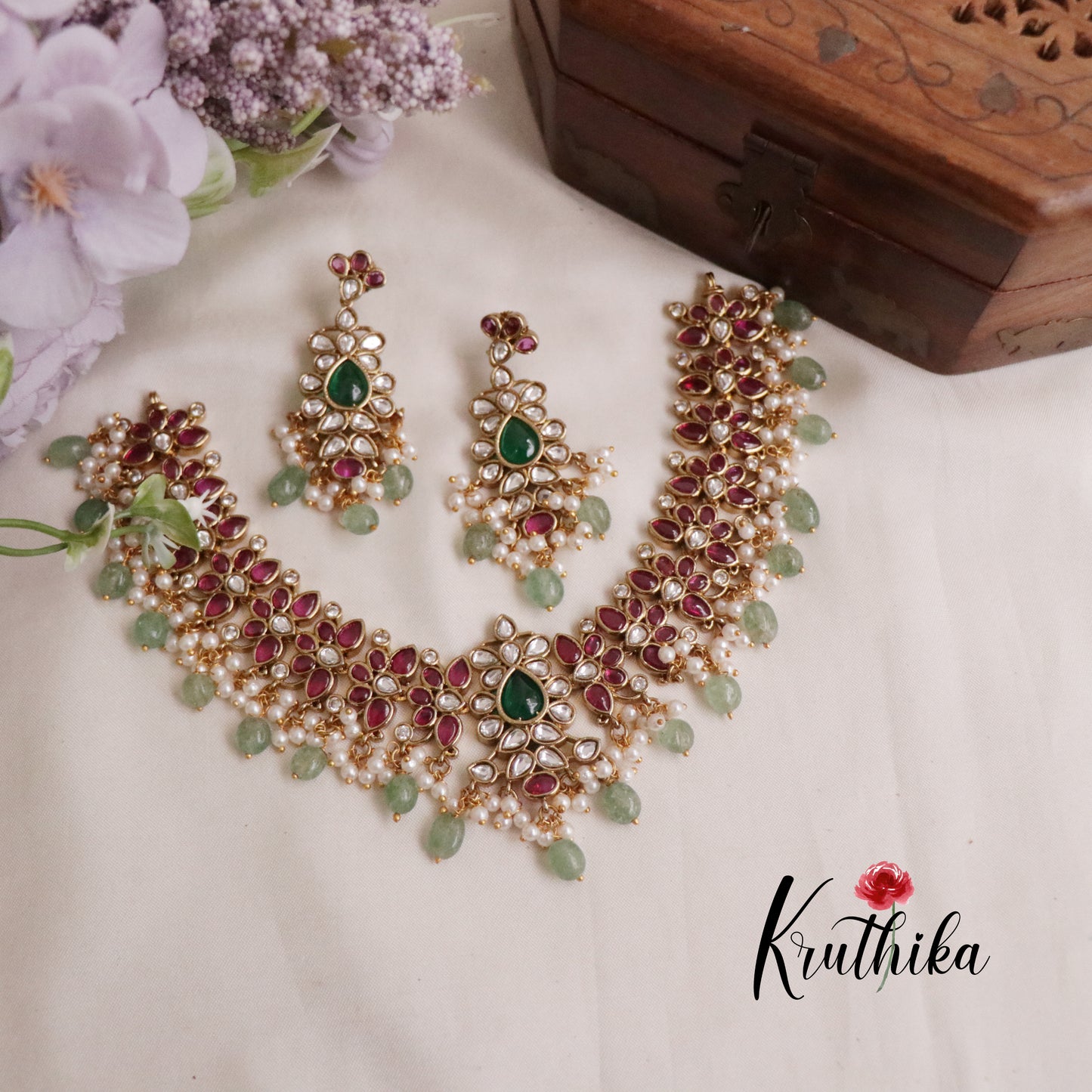 Royal Kemp Floral Necklace with Pastel Green Beads Drops NC2196