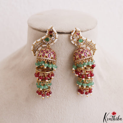 Stunning Pearl Border Peacock Motifs Jhumkas With Pearl Bead Drops E1221 (Available In 2 Colors)