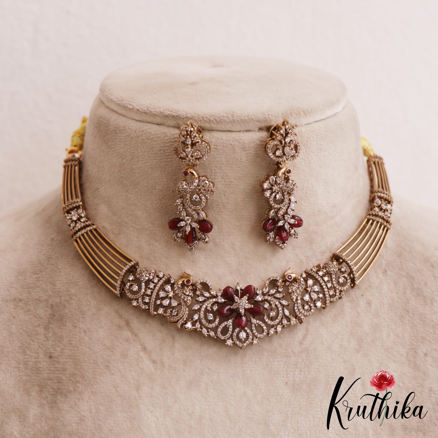 Sparkling AD Floral Peacock Motifs Victorian Hasli Choker NC2818 (Available In 2 Colors)