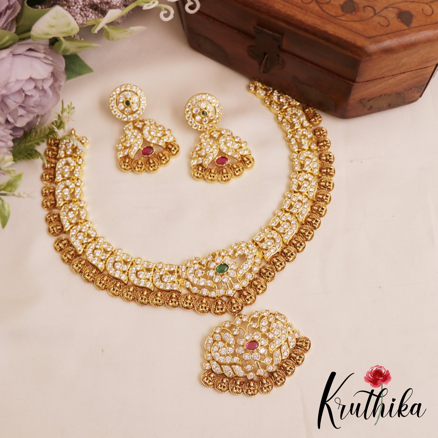 Traditional Antique Lakshmi Peacock Motifs AD Kasu Necklace NC2848