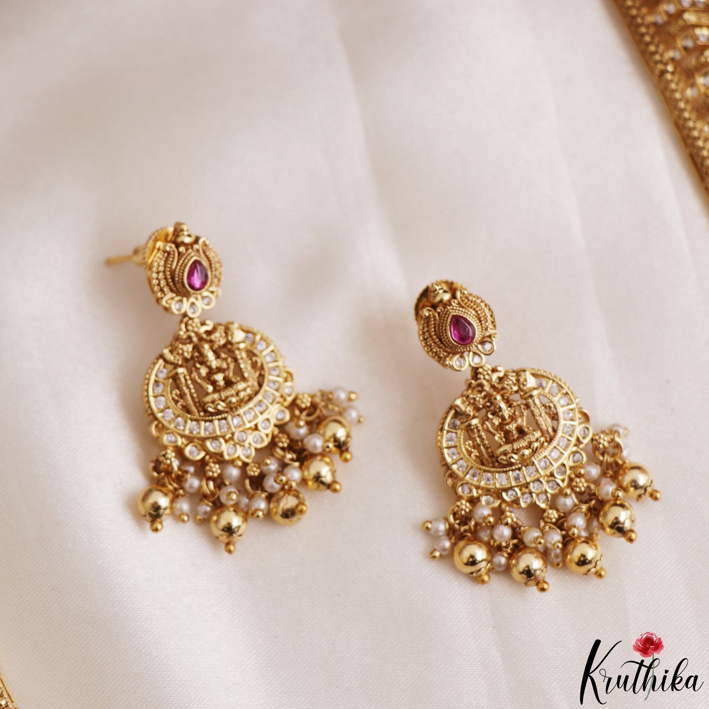 Gorgeous Antique Nagas Lakshmi Motifs Temple Haaram With Pearl Bead Drops LH2206 (Available In 2 Colors)