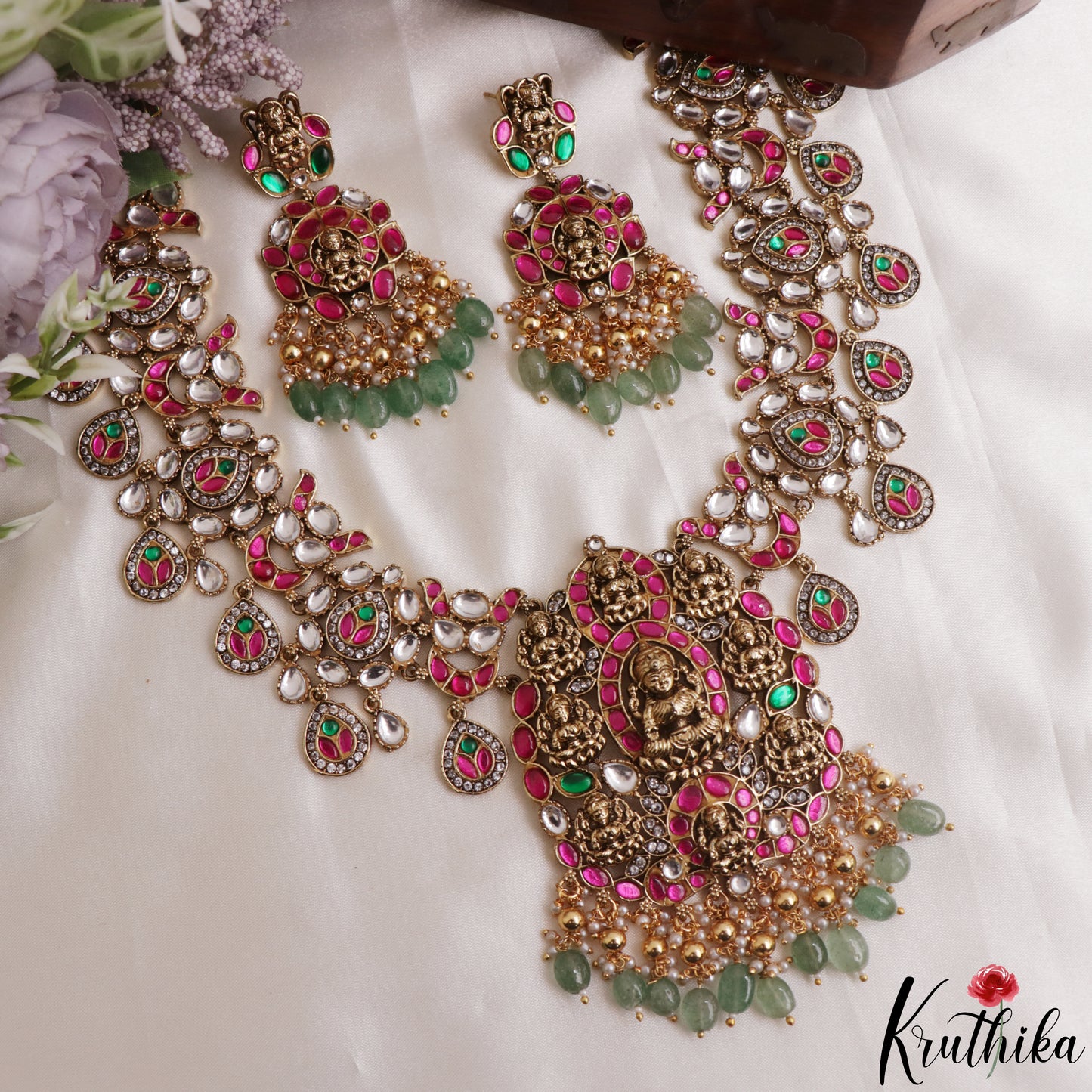 Grand Antique Nagas Ashta Lakshmi Motifs Polki Jadau Necklace With Green Bead Drops NC3145