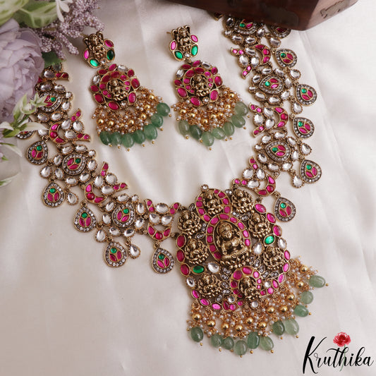 Grand Antique Nagas Ashta Lakshmi Motifs Polki Jadau Necklace With Green Bead Drops NC3145