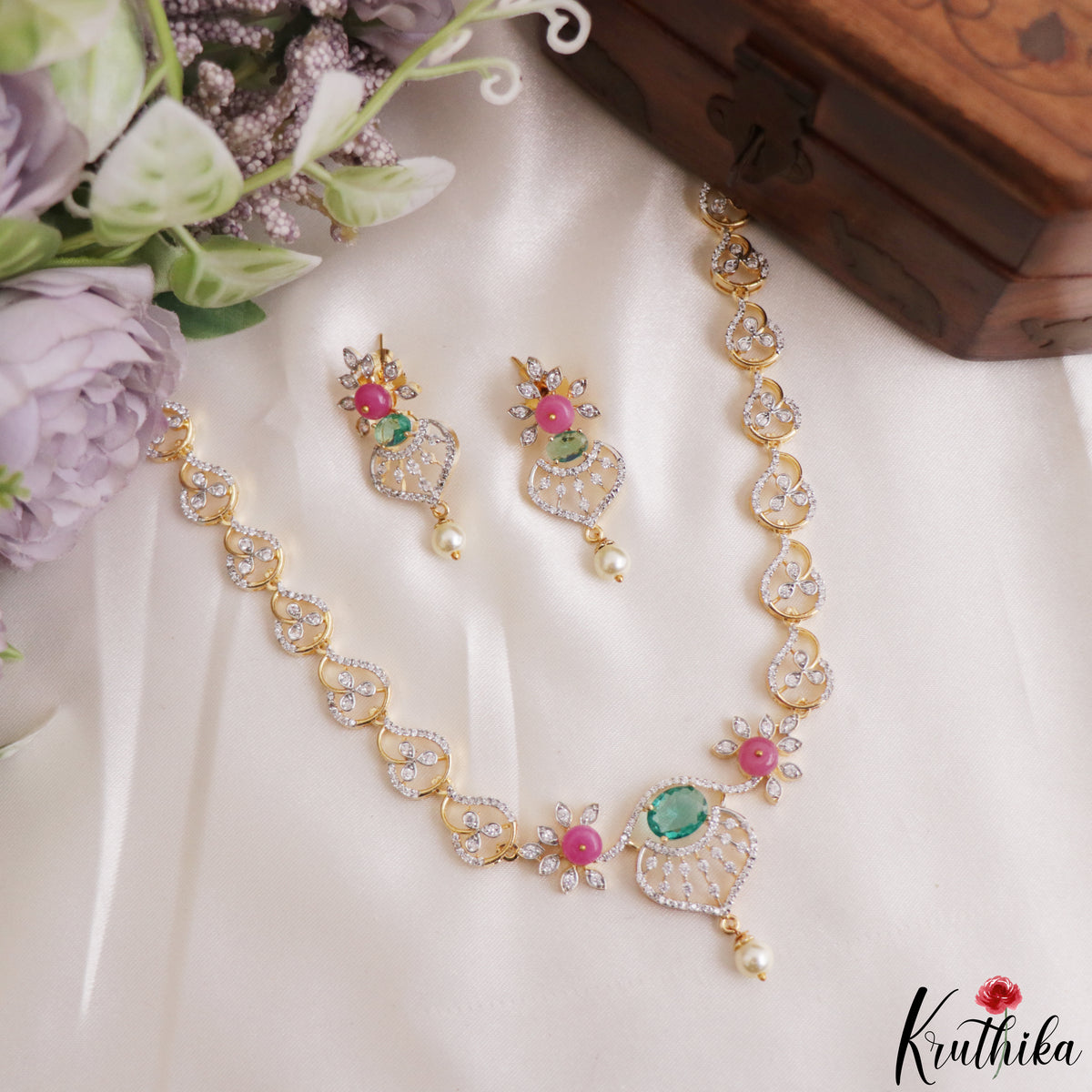 Pretty Floral Motifs AD Necklace With Pearl Drop NC3278