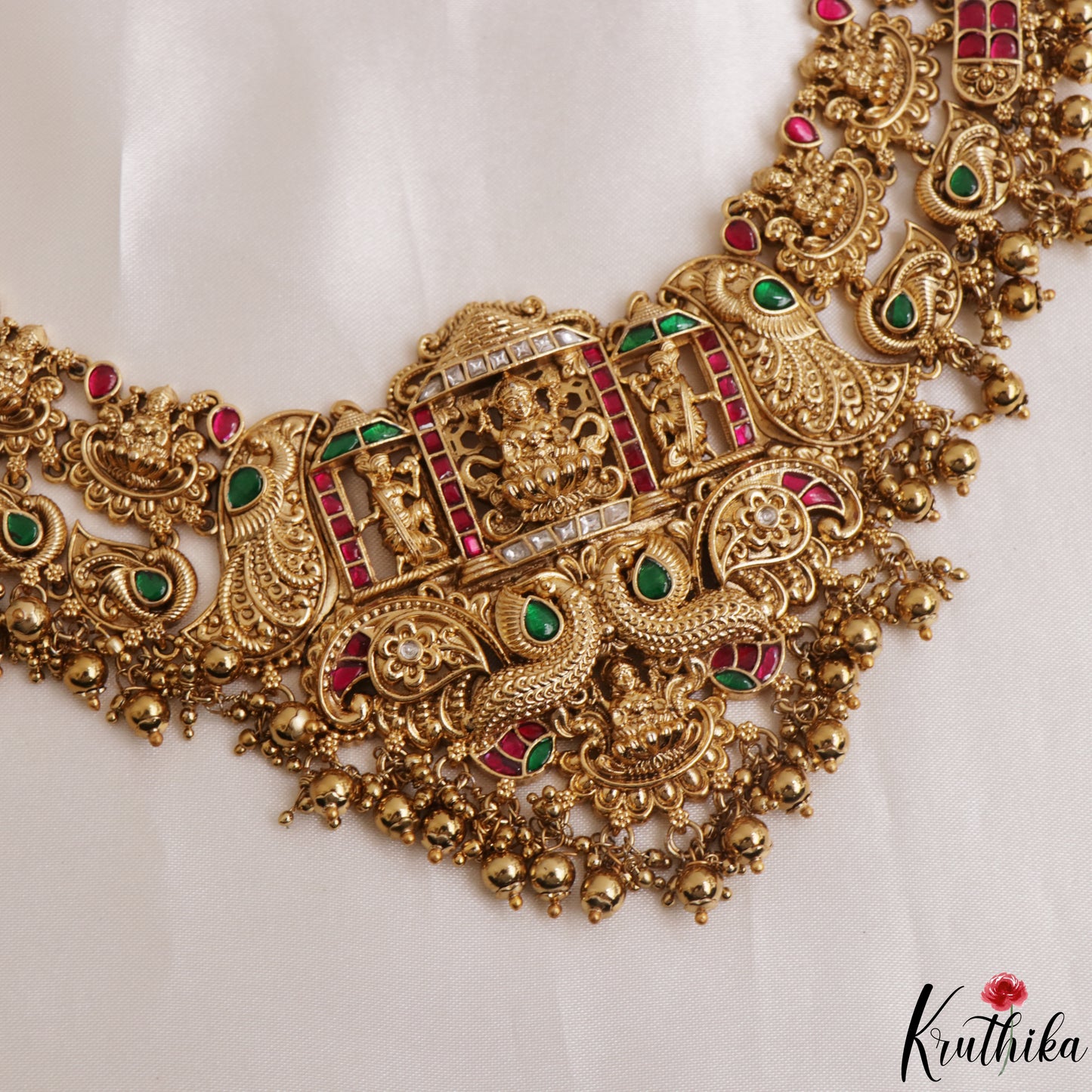 Premium Antique Nagas Lakshmi Peacock Motifs Jadau Haaram With Golden Bead Drops LH2150