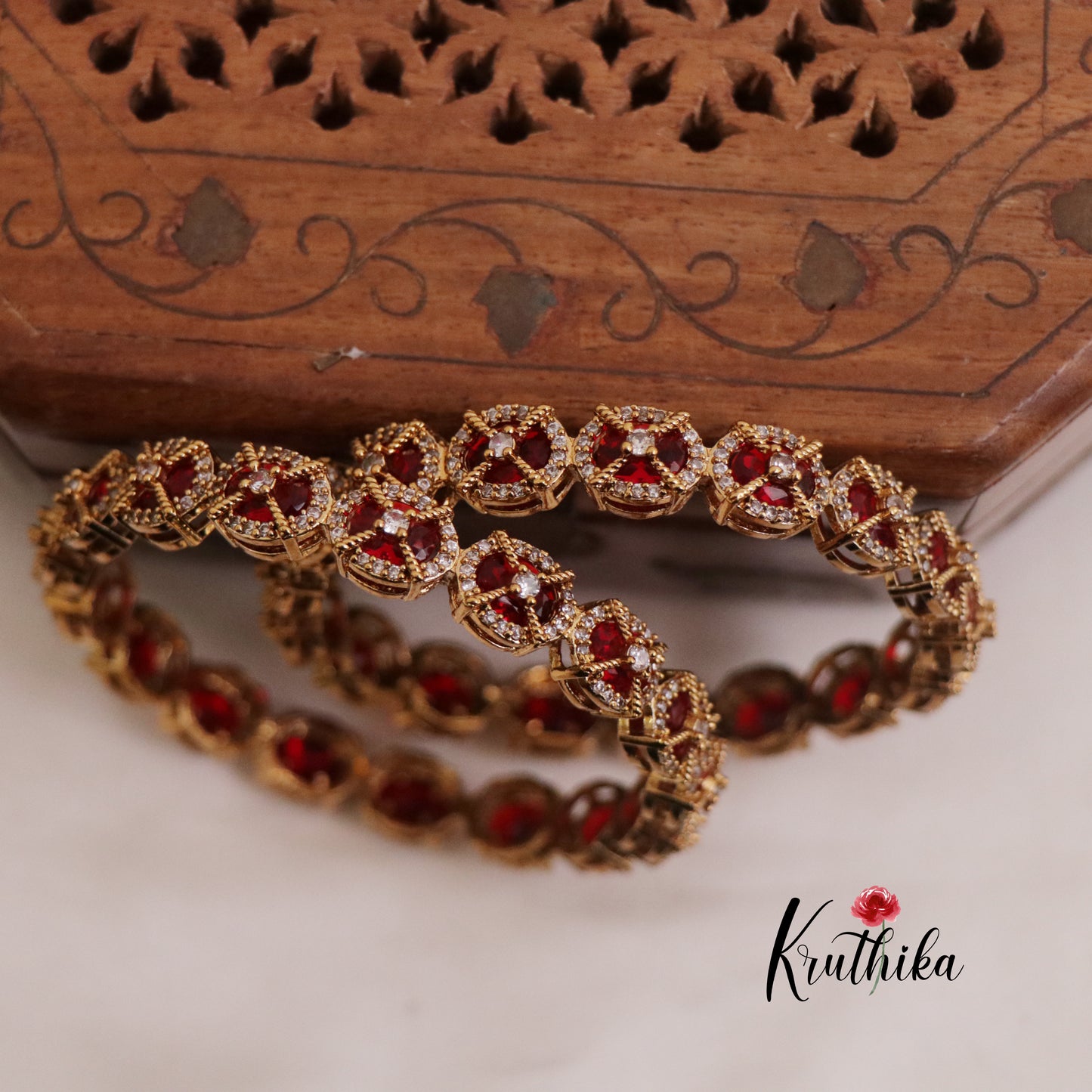 Simple Trendy CZ Victorian Floral Bangles B272 (Set of 2 Bangles)|(Available in 2 Colors)