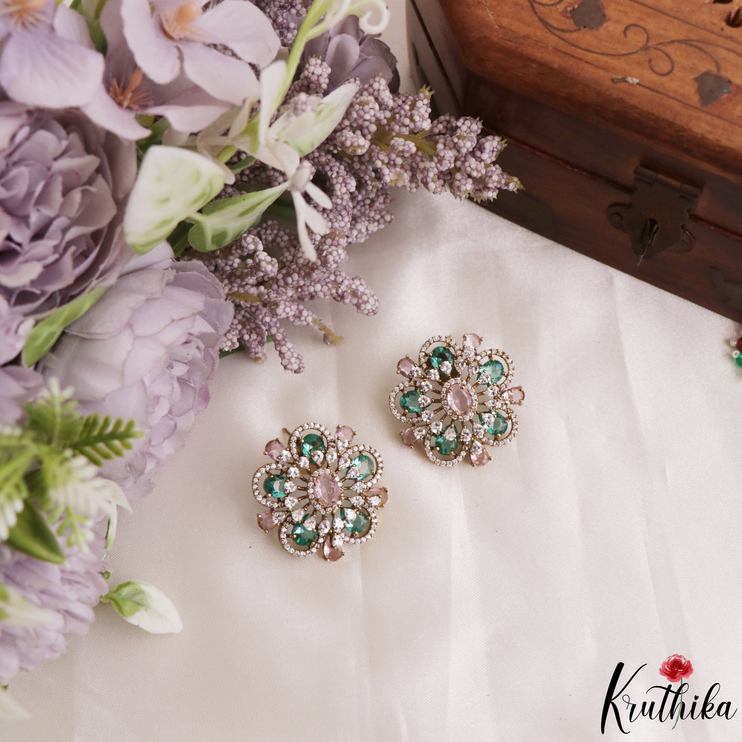 Elegant Floral Motifs CZ Victorian Stud Earrings E1199