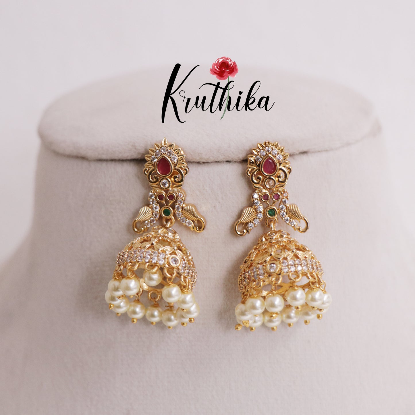 Trendy CZ Peacock Jhumka with Pearl Drops E708