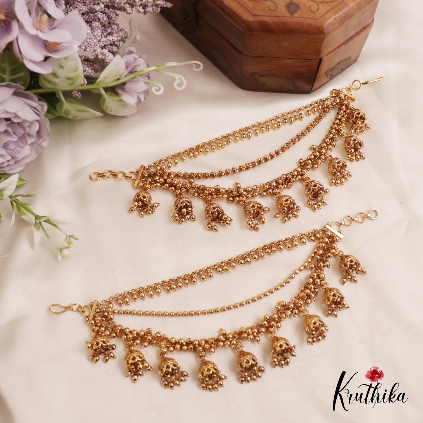 Beautiful Triple Layered Earchains With Jhumkas And Golden Beads EC157