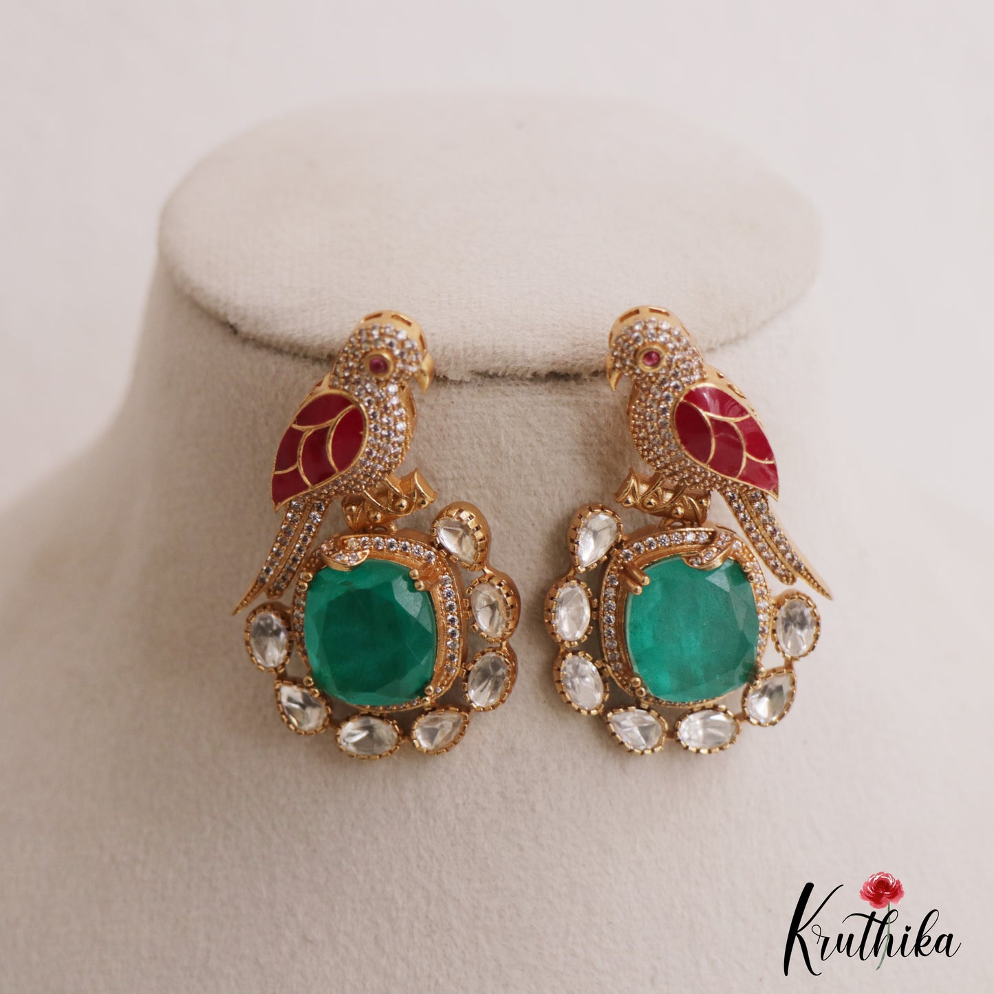 Gorgeous Parrot Motif Polki Victorian Stud Earrings E1099 (Available In 5 Colors)