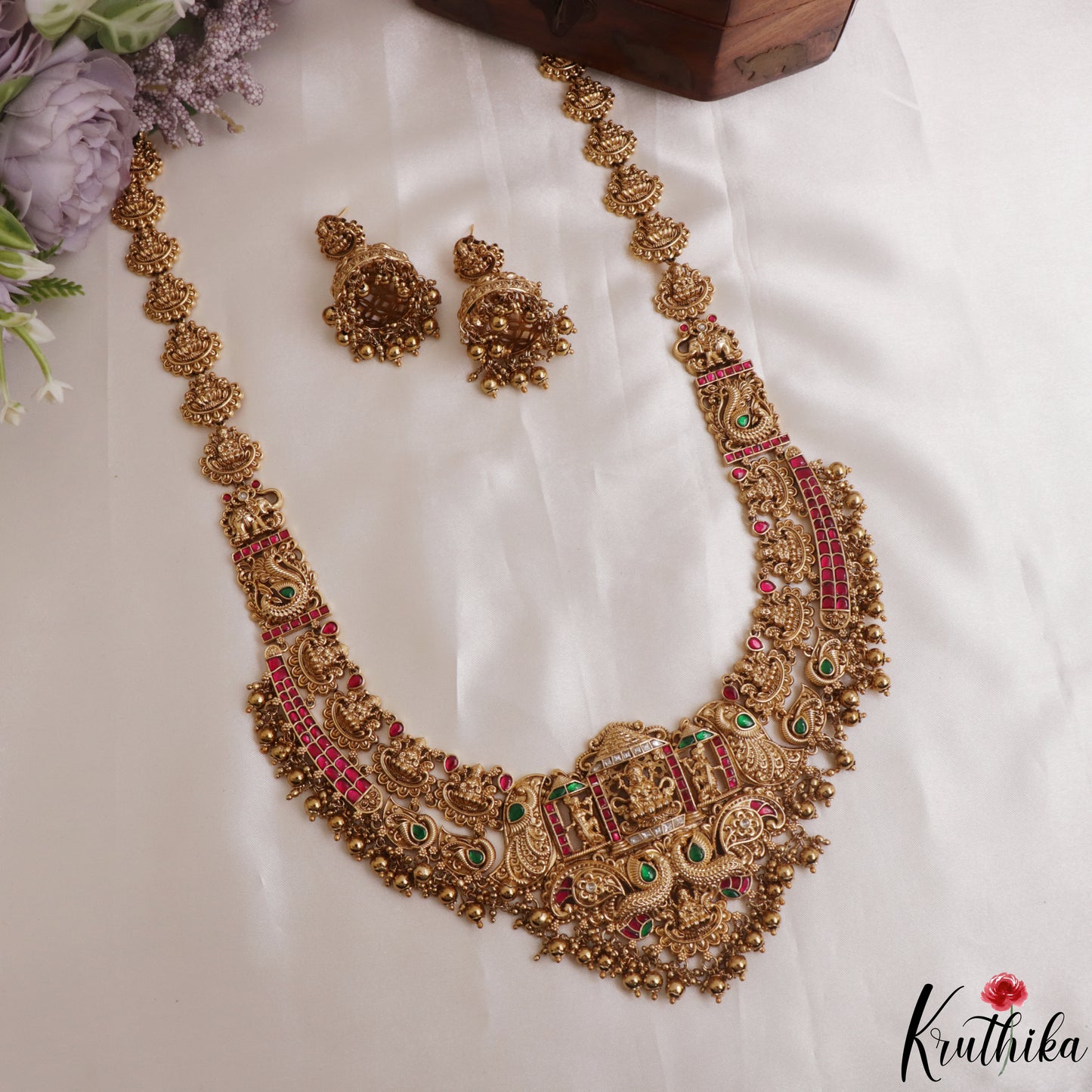 Premium Antique Nagas Lakshmi Peacock Motifs Jadau Haaram With Golden Bead Drops LH2150