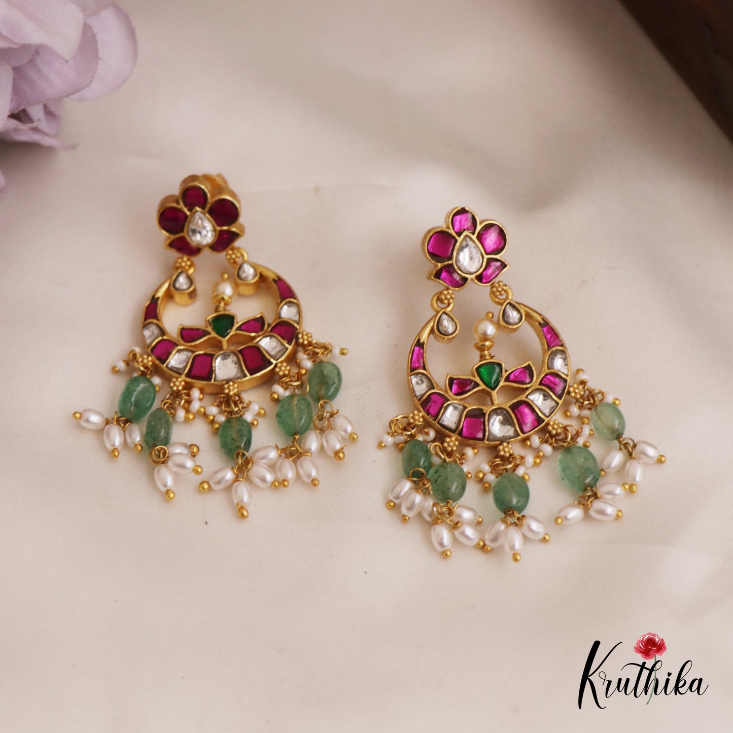 Stunning Floral Motifs Chandbali Jadau Earrings With Green Bead Drops E962