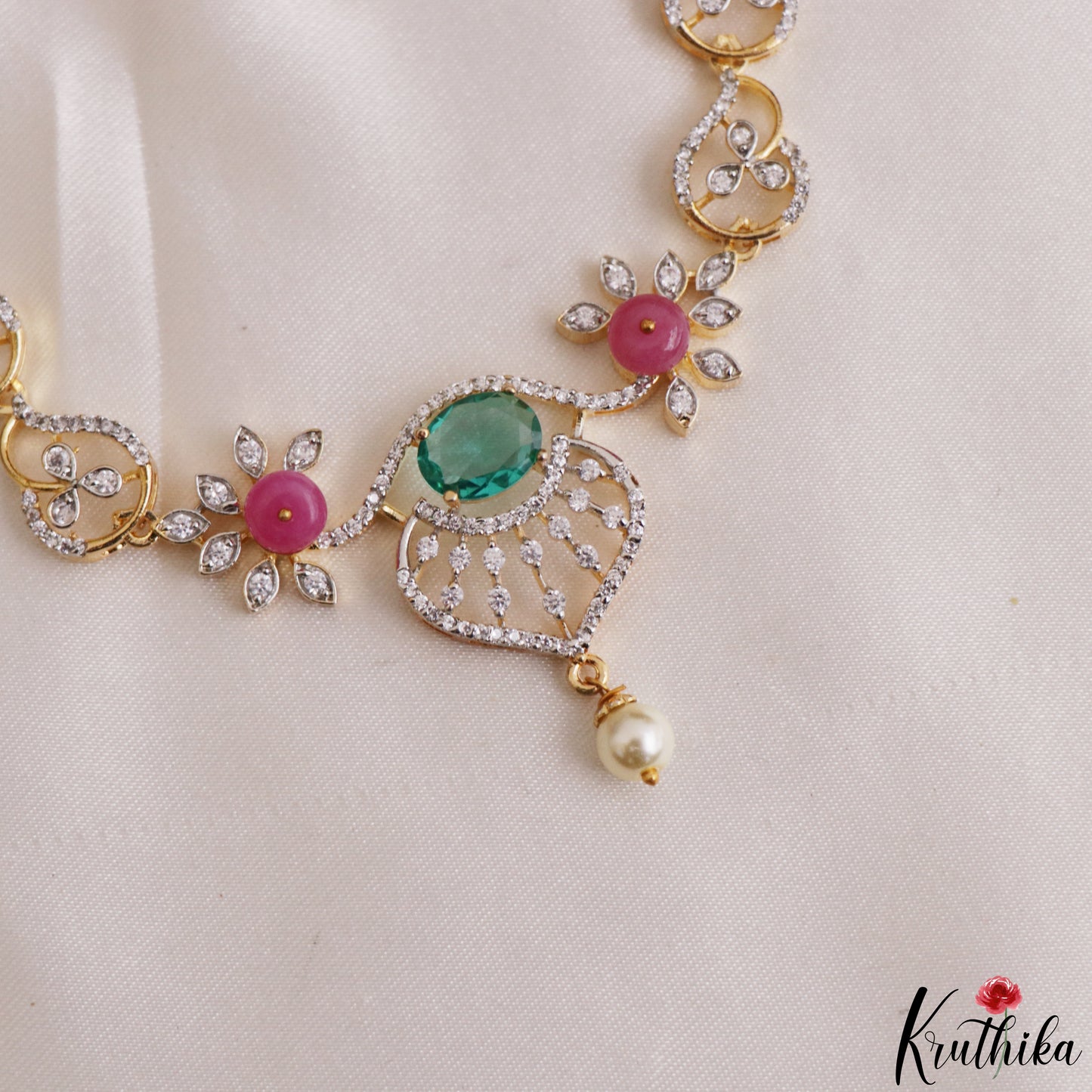Pretty Floral Motifs AD Necklace With Pearl Drop NC3278