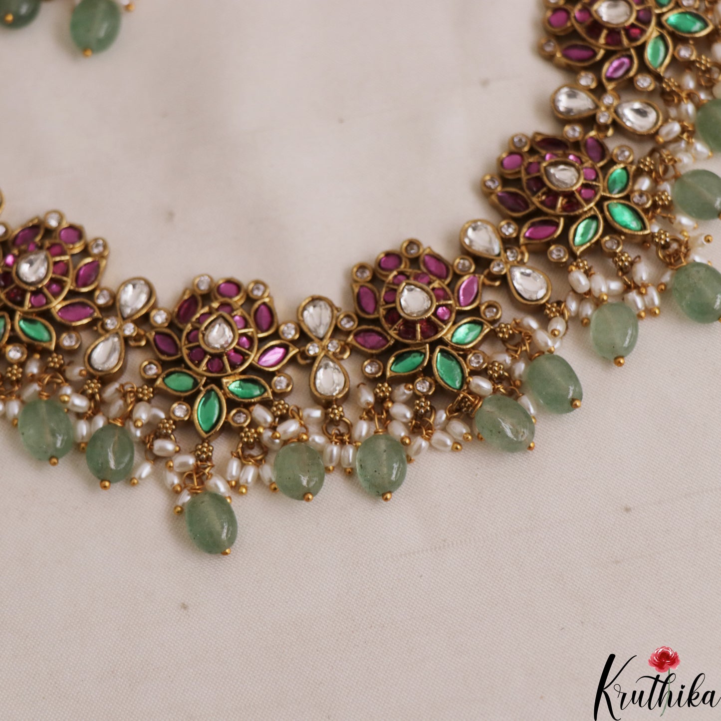 Trendy Lotus Motifs Jadau Necklace With Mint Green Beads LH2105