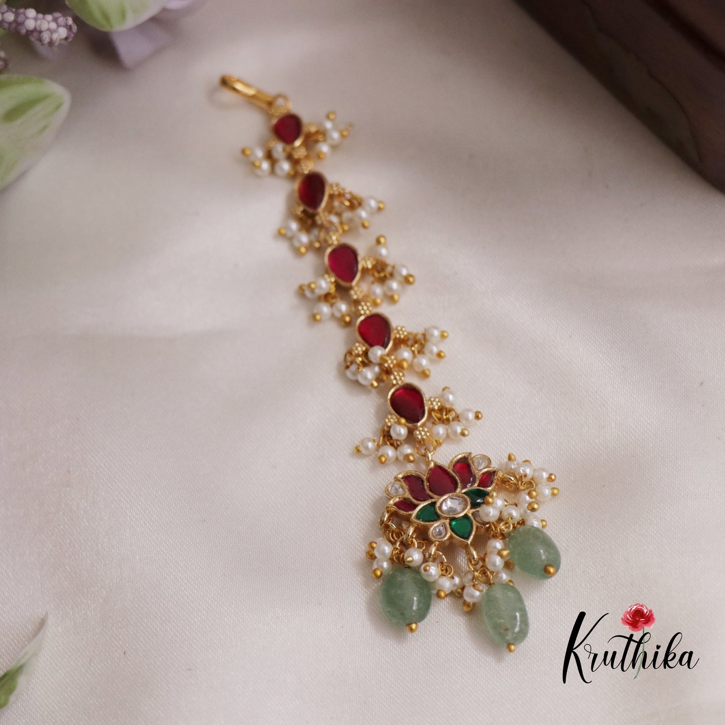 Gorgeous Jadau Lotus  Maang Tikka with Pastel Green Beads MT289