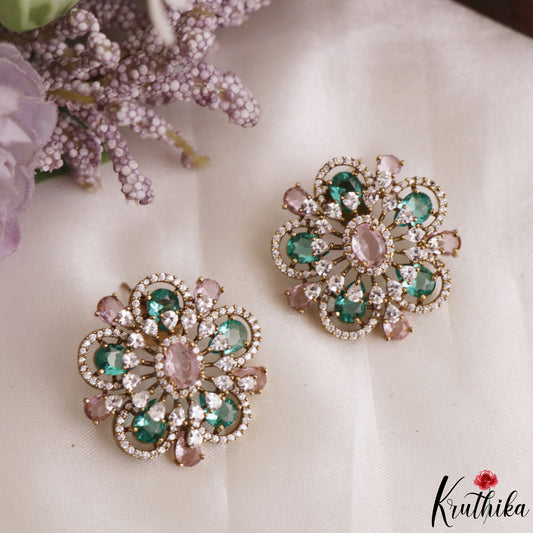 Elegant Floral Motifs CZ Victorian Stud Earrings E1199