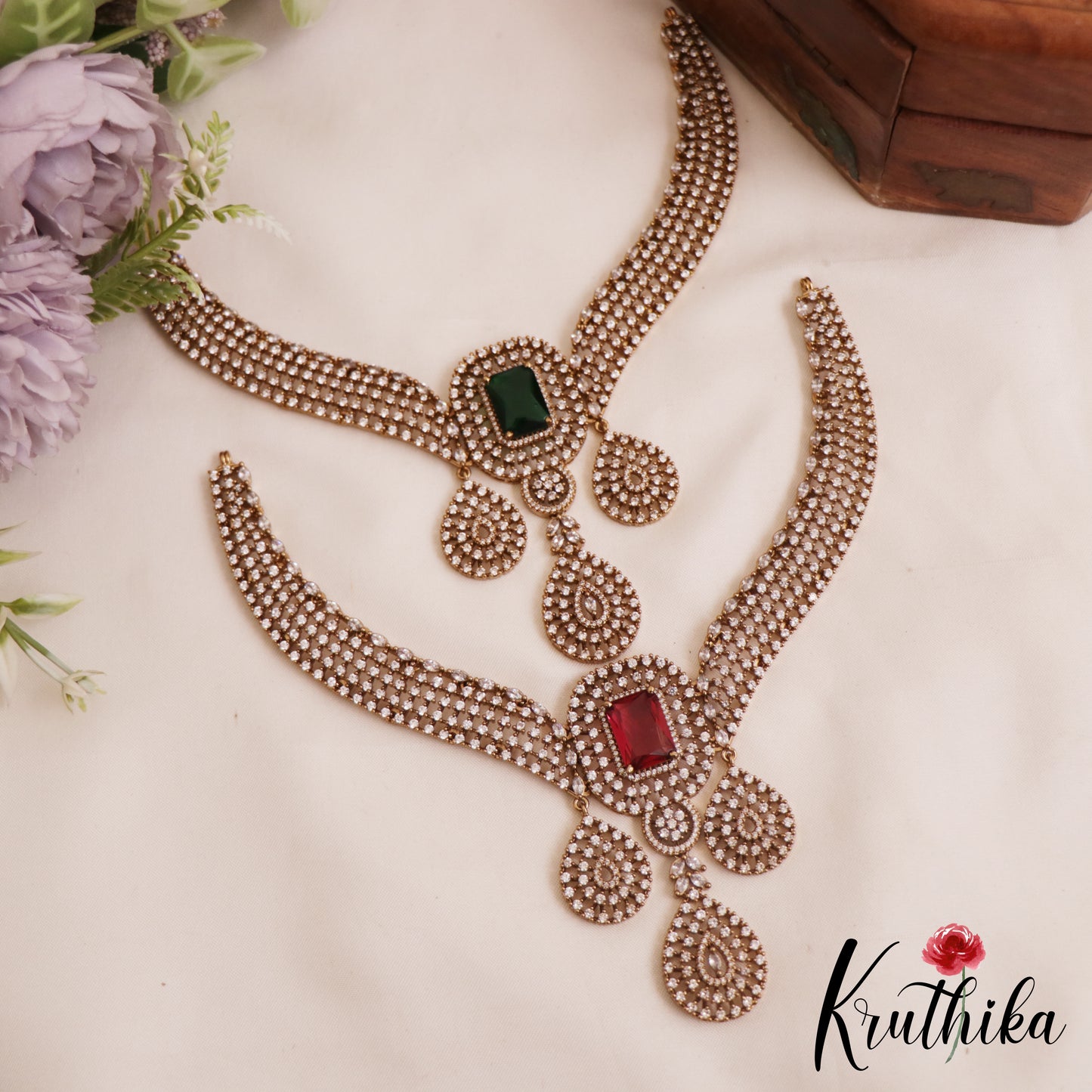 Gorgeous Teardrop Motifs Diamond-Finish Gold-Tone AD Victorian Necklace NC2824 (Available In 2 Colors)