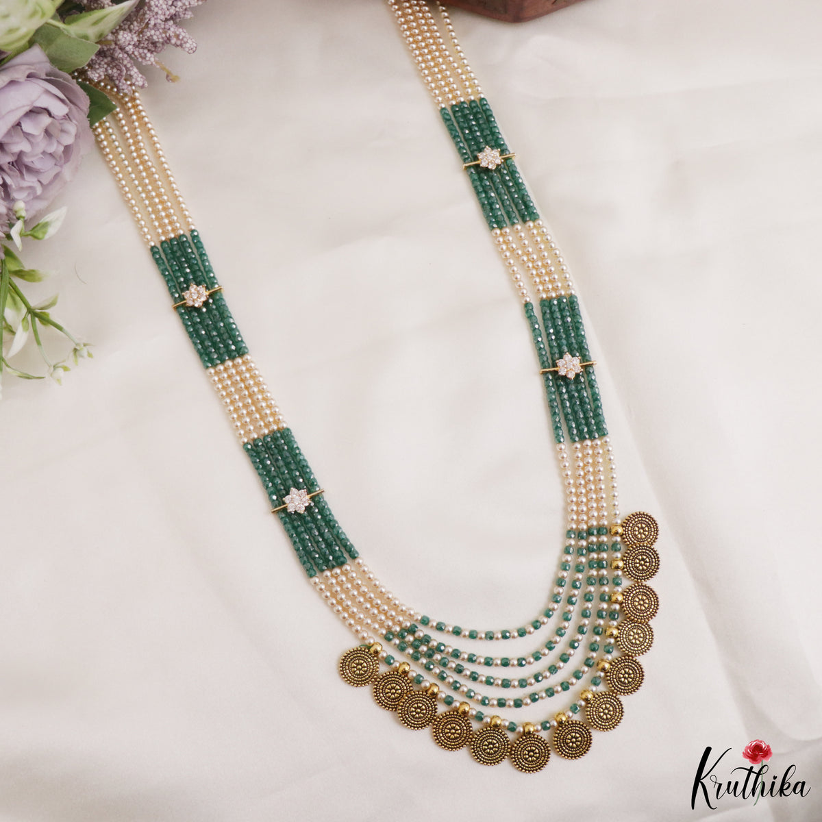 Emerald Green & Pearl Multi-Layer Coin Necklace LH25003