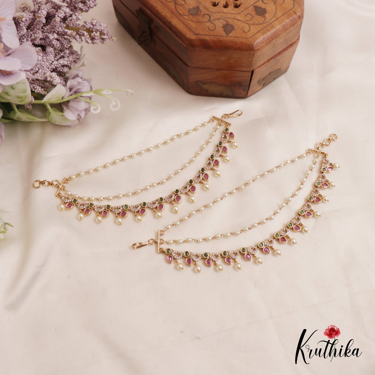 Elegant Kemp Teardrop Motifs Three Layered Earchains With Pearl Drops  EC161