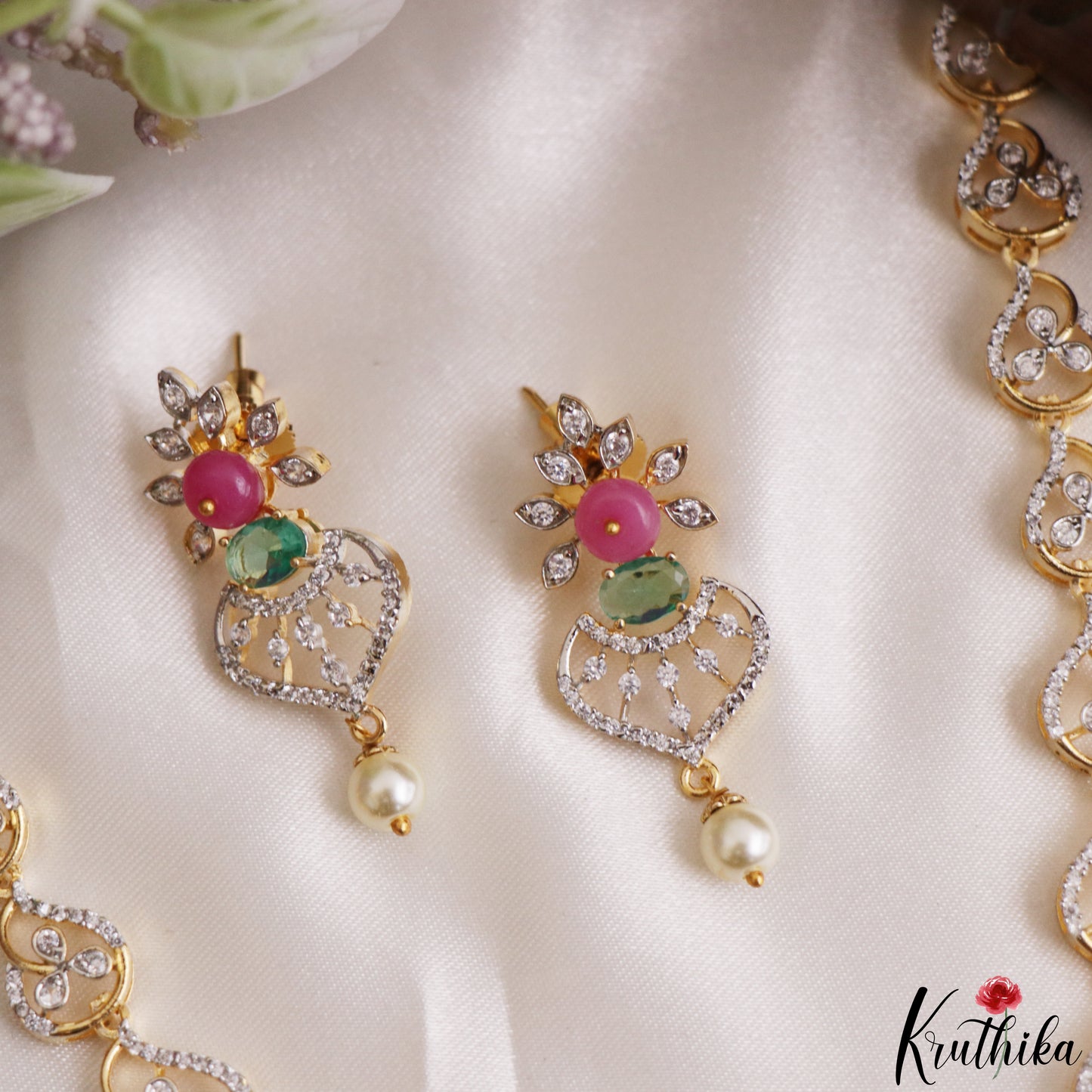 Pretty Floral Motifs AD Necklace With Pearl Drop NC3278