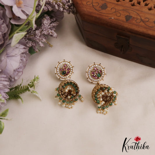 Stunning Peacock Motifs Kemp Jhumkas With Pear Bead Drops E1103 (Available In 2 Colors)