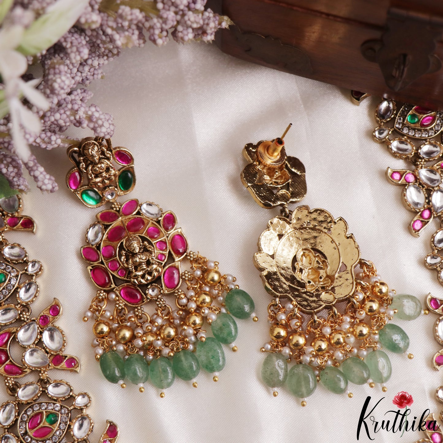 Grand Antique Nagas Ashta Lakshmi Motifs Polki Jadau Necklace With Green Bead Drops NC3145