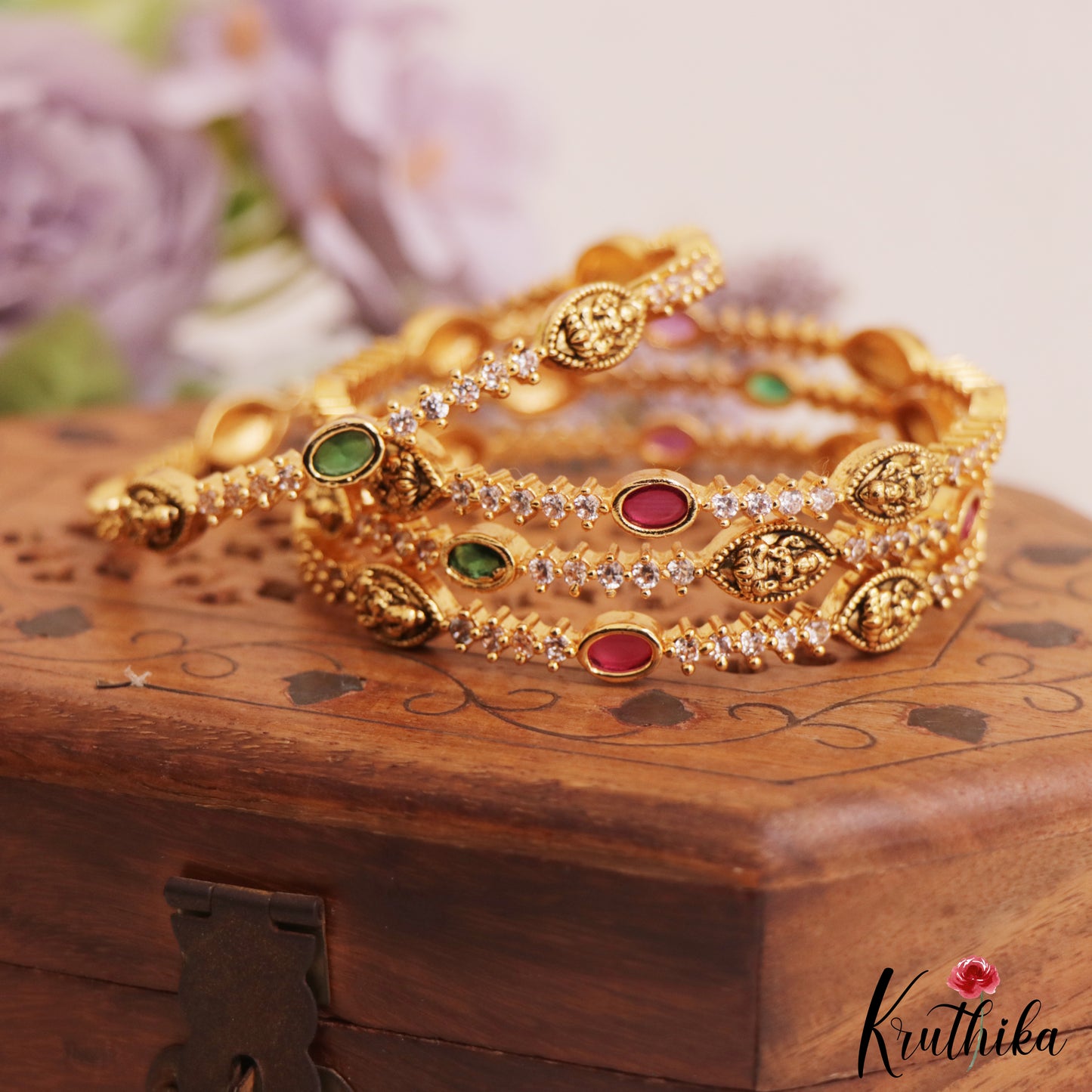 Classic Antique Lakshmi Motifs AD Bangles B485 (Set of 4 Bangles)