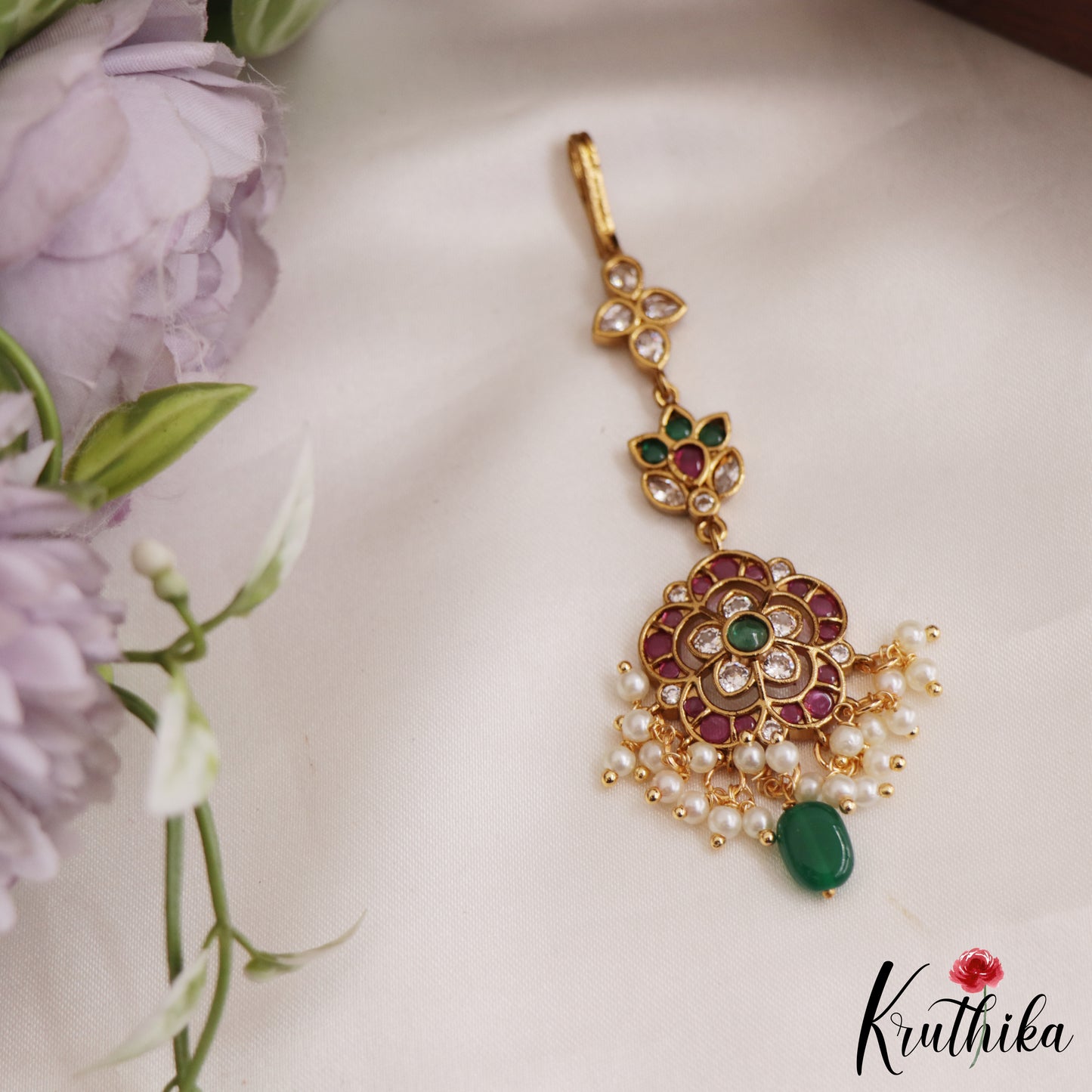 Classic Floral Motifs Jadau Maang Tikka With Bead And Pearl Drops MT343