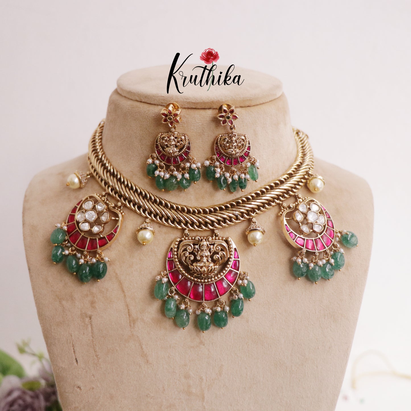 Beautiful Lakshmi Jadau Jalebi style Necklace with Chandbali Pendant Drops NC2256 (Available in 2 Colors)