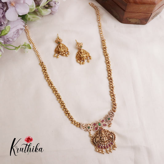 Pretty Lakshmi Peacock AD Long  Necklace with Golden Beads Drops NC2207