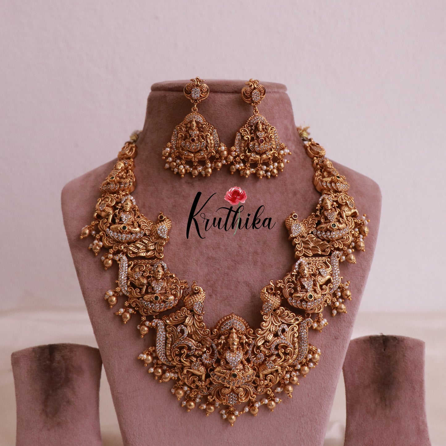 Premium Lakshmi AD peacock golden beads necklace NC1877