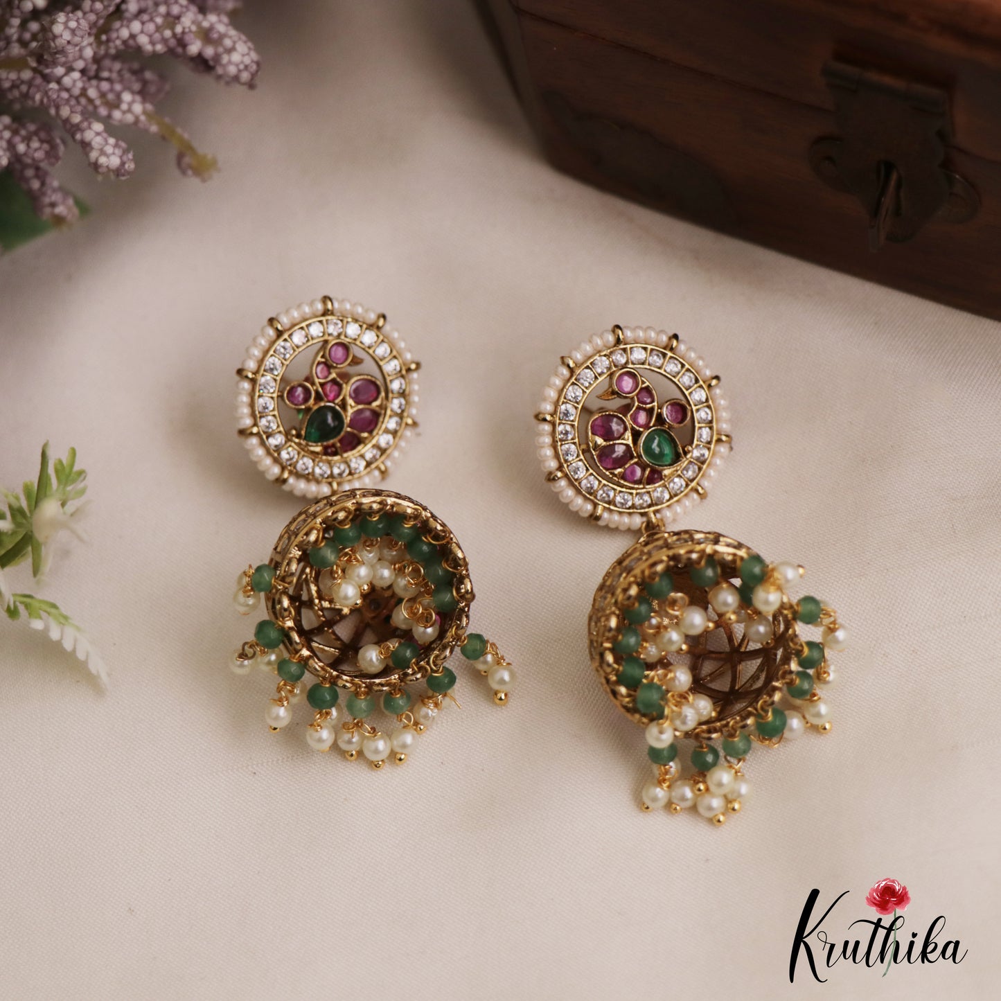 Stunning Peacock Motifs Kemp Jhumkas With Pear Bead Drops E1103 (Available In 2 Colors)