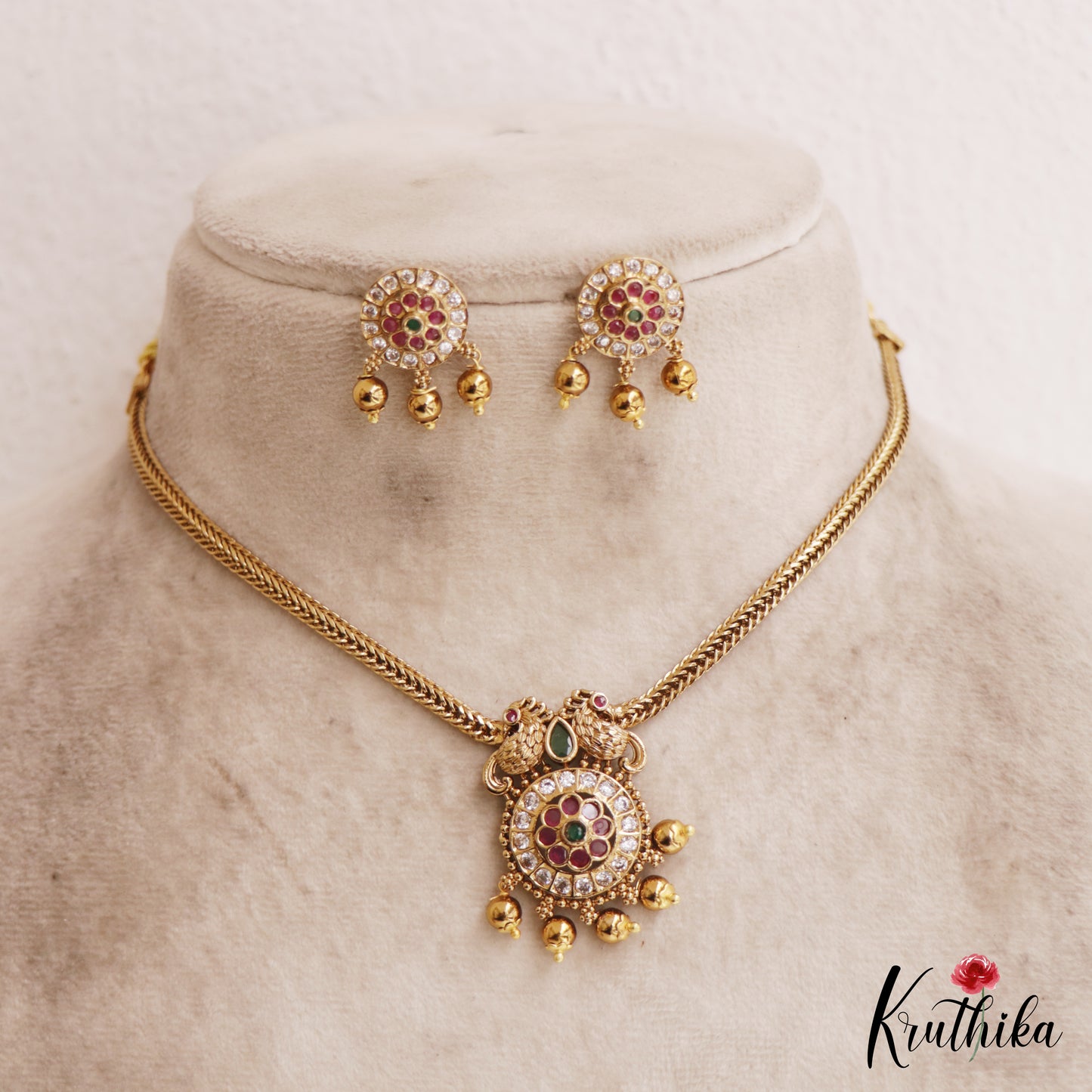 Classic Floral Peacock Motifs AD Pendant Chain Set NC2874