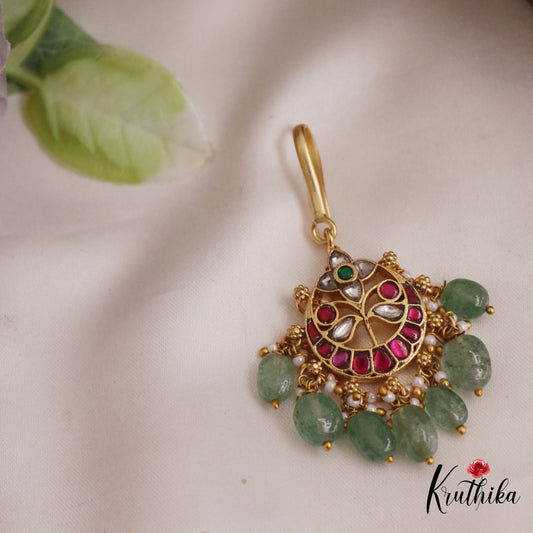 Simple Floral Motifs Jadau Maang Tikka With Green Bead Drops MT354