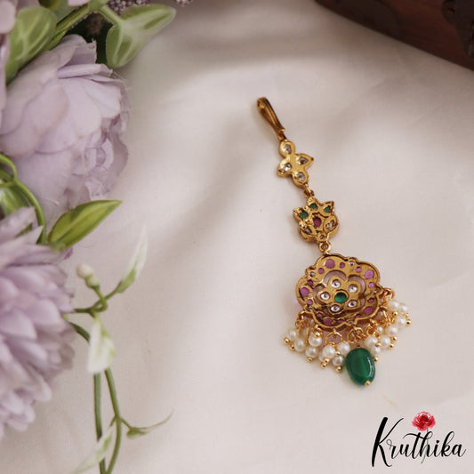 Classic Floral Motifs kemp Maang Tikka With Bead And Pearl Drops MT343