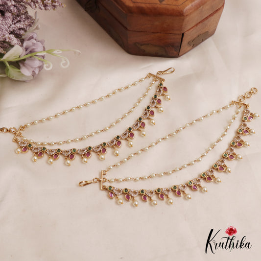 Elegant Kemp Teardrop Motifs Three Layered Earchains With Pearl Drops  EC161