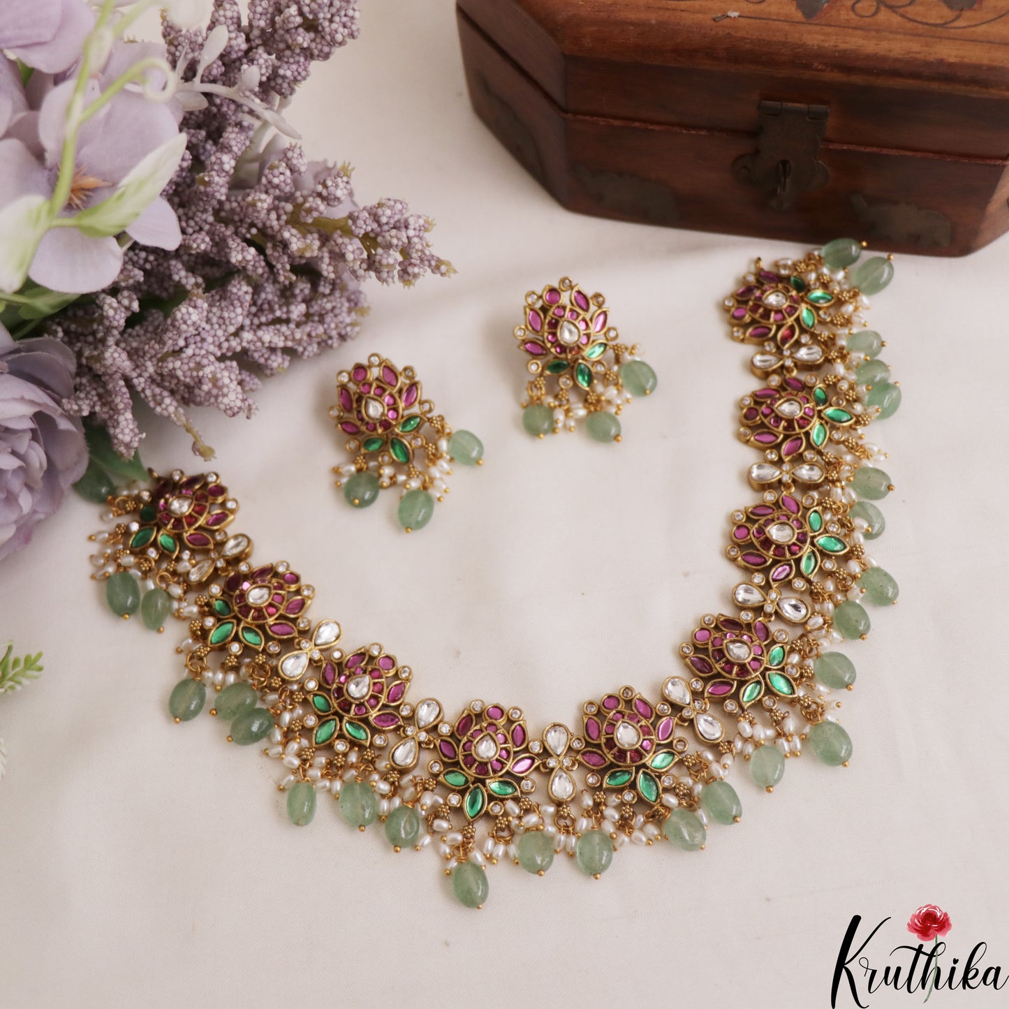 Trendy Lotus Motifs Jadau Necklace With Mint Green Beads LH2105