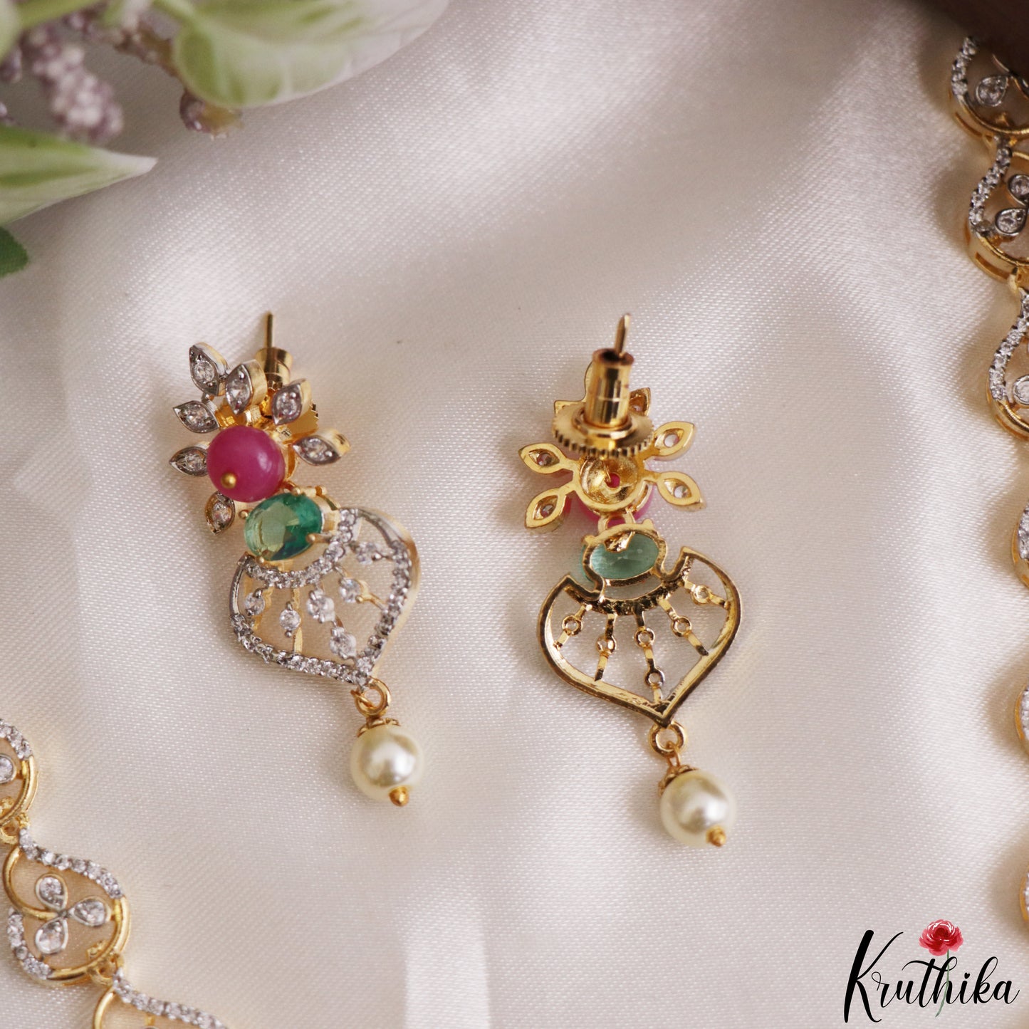 Pretty Floral Motifs AD Necklace With Pearl Drop NC3278