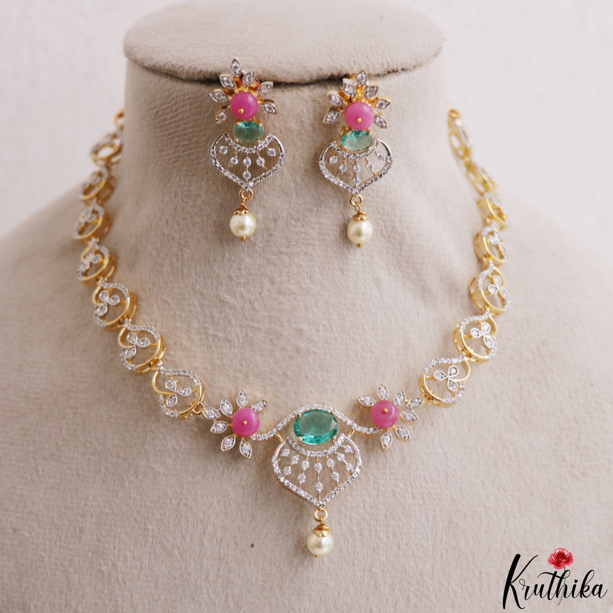 Pretty Floral Motifs AD Necklace With Pearl Drop NC3278
